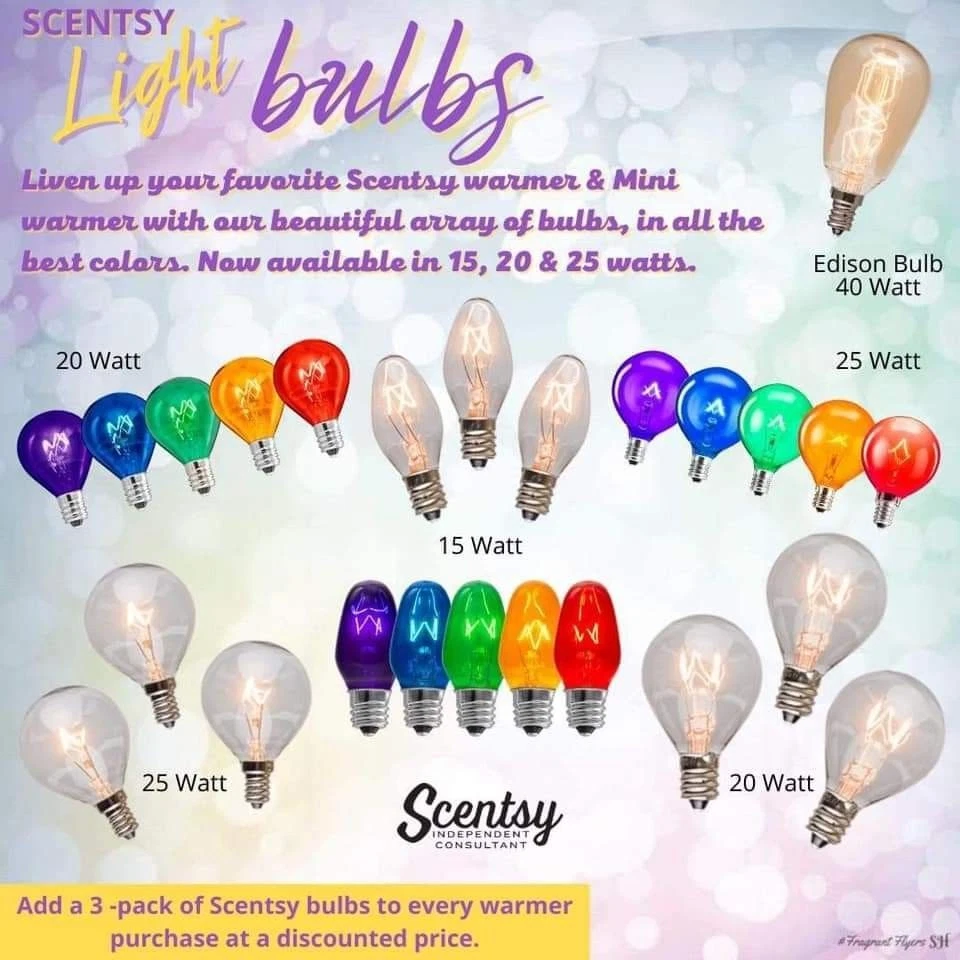 Scentsy Bulbs - 15, 20 & 25 Watt - Blue, Clear, Green, Orange, Purple or  Red