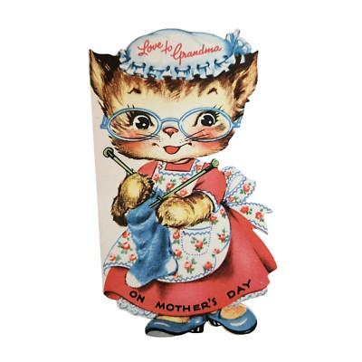 1940's Grandmother Mother's Day Card Cat Kitten Knitting Stocking 5-1/2''