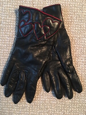 Moschino Heart Stitched Black Leather Gloves Italy NWT Size 7 ~Rare~
