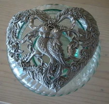 Vintage Potpourri Bowl. Glass Jar with Heart Shaped Pewter Lid, Roses & Birds