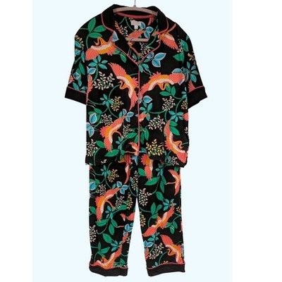 BeautySleep Social Pajama Set XS Black Tropical Crane Print Pink Trim Loungewear
