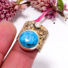 Turquoise - Tibet & White Topaz Two Tone 925 Sterling Silver Ring s.7 Sku31
