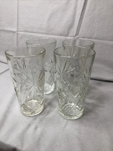 4 Vintage Clear Glass Tumblers Star of David Pattern Barware Drinkware 15oz
