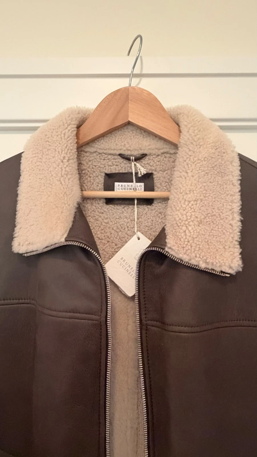 Brunello Cucinelli Men's Leather Shearling Jacket Coat Dark Brown XL NWT - product detail image 4