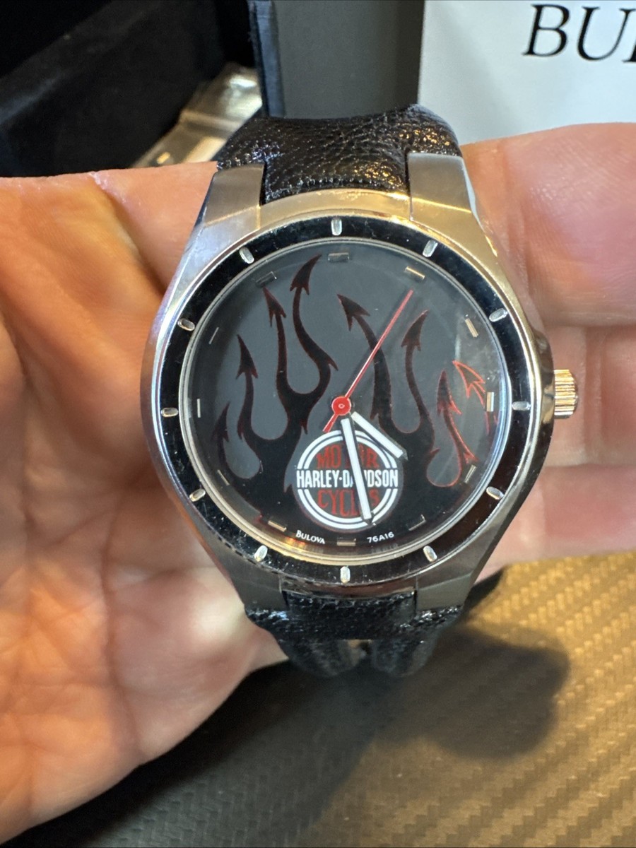 Harley-Davidson Bulova Watch. Leather Band And Flames On Face. New