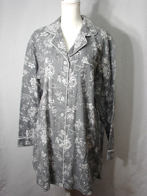 New Shabby Chic Soft Flannel Night Shirt Gown Gray White Rose Floral XL Cotton