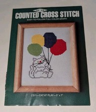 1982 MH Yarns Counted Cross Stitch kit -CS11-Cat At Play 5"x7" Cat With Balloons