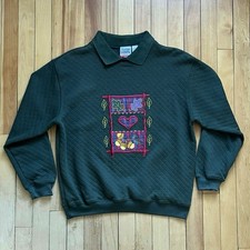 Vintage Autumn Fall Green Pullover Crewneck Sweatshirt with Collar Women Sz - M