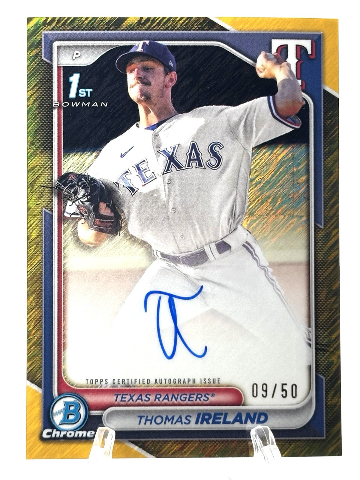 2024 Bowman Chrome Thomas Ireland /50 1st Gold Shimmer Auto (RC) Texas Rangers