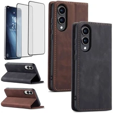 For Samsung Galaxy S25 Edge Wallet Leather Magnetic Case Cover Tempered Glass
