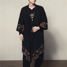 Herren Kimono Blumenmuster Locker Mantel Yukata Outwear Japanisch Lange Jacke