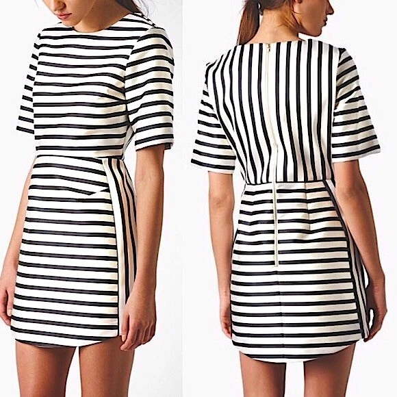 Женское черно-белое полосатое атласное трапециевидное структурированное мини-платье Topshop размер 6 - Изображение 3 из 4