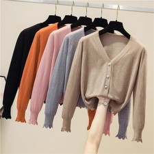 Donna Corto Maglione Cardigan Cappotto Maglia Giacca Scollo A V Tasto Puff Tasca