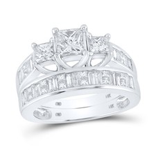 14k White Gold Womens Princess Diamond 3-Stone Engagement Ring Band Set 2ctw