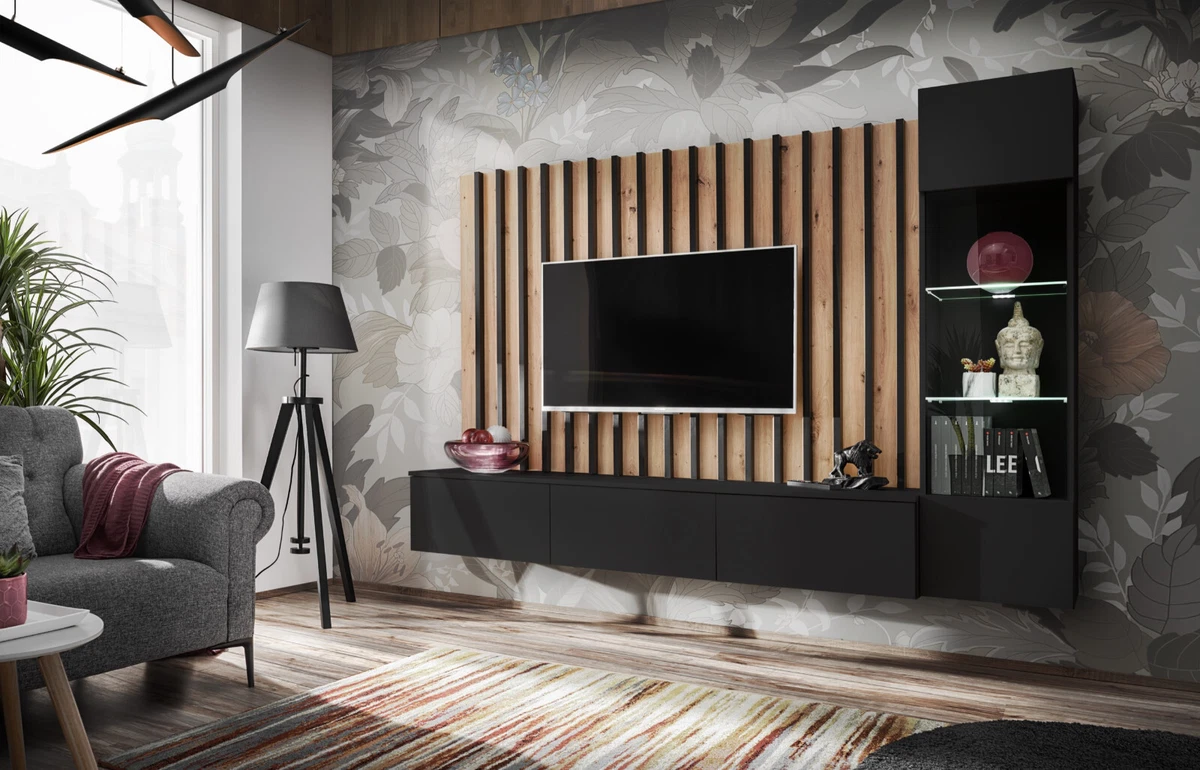 Living Room Furniture Set TV Unit Modern Wall Cabinet Entertainment lamell slats