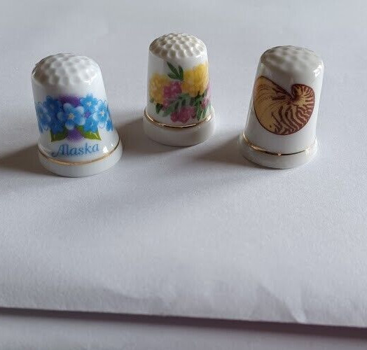 3 Vintage Porcelain Collectible Souvenir Thimbles Forget Me Not Alaska State