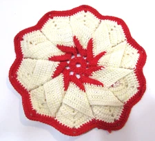Two Red White Vintage 1940's Handmade Crocheted Small 7" dia Pot Holder Hot Pads