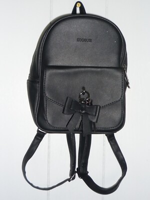 Ecosusi Small Mini Backpack Black Pockets 2 Adjust Straps Bow Knot Faux Leather