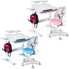 COSVALVE Pink/Blue Kids Study Desk Chair Set Adjustable Ergonomic Table w/Drawer
