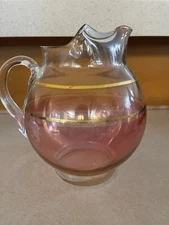 Vintage Macbeth Evans cranberry Optic Ice Tea Or water Ball Pitcher gold Band 