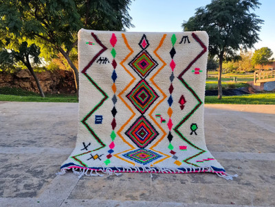 White Azilal Moroccan Rug | Handmade Colorful Berber Carpet | Neon Rainbow