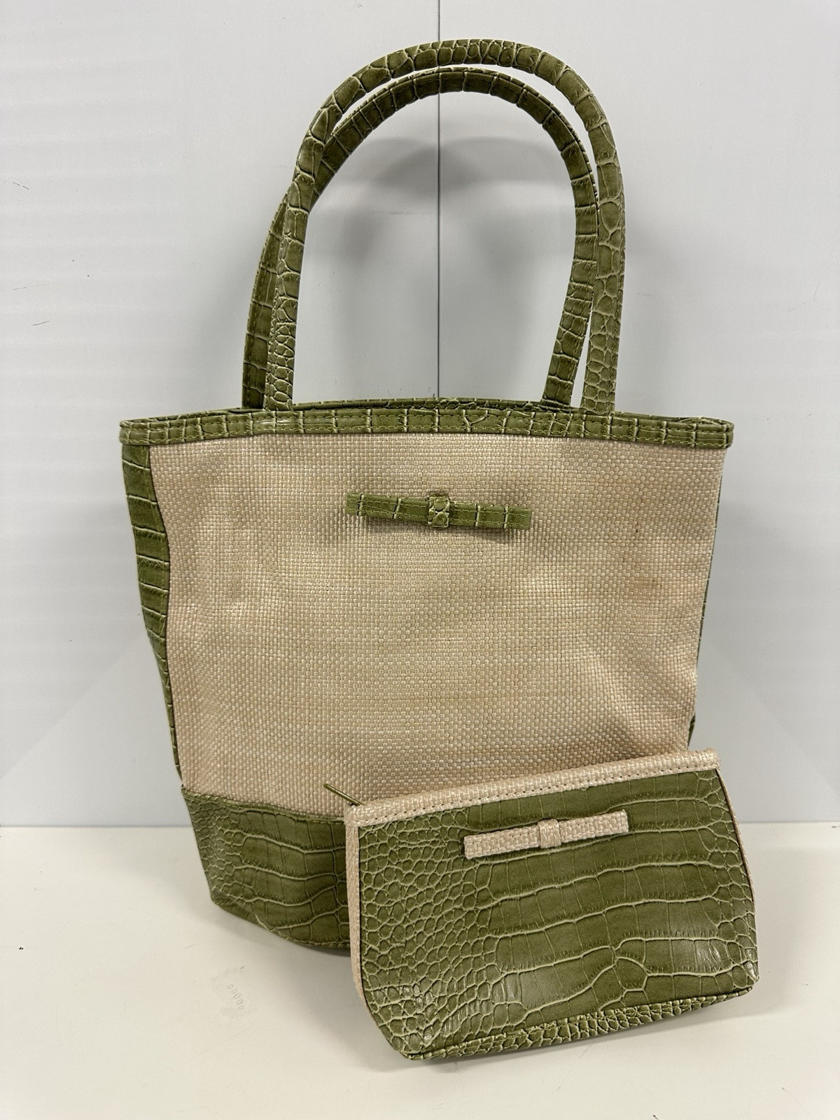 Este Lauder 2-Piece Tote & Pouch Set - Green Croc Faux Leather & Canvas