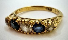 Victorian 18ct Gold Sapphire Diamond Five Stone Ring c1880 Size I