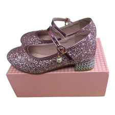 Girls Pink Glitter Mary Jane Dress Shoes Princess Rhinestone Block Heel Size 2.5