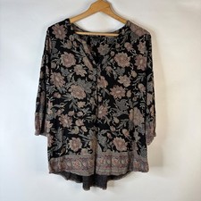 Lucky Brand Tunic Top Women 1X Black Floral Henley Boho High Low Viscose