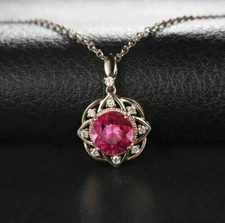 3Ct Round Cut Pink Ruby  Diamond Pendant Necklace 14K Rose Gold Over