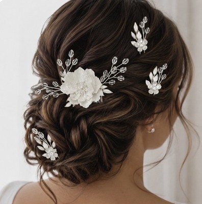 Boho Bliss Bridal Crystal Floral Hair Pins Set White Silver  display picture 2