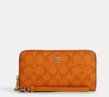 NWT Coach Long Zip Around Wallet Canvas Pebble  Leather In Light Orange