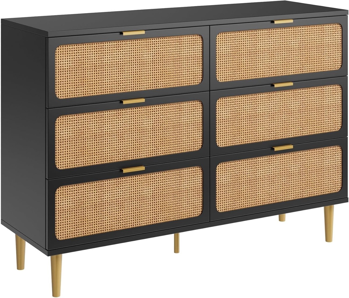 black and rattan dresser Rattan Dresser for Bedroom with 6 Drawers,Metal Handle,Storage Cabinet,  Black
