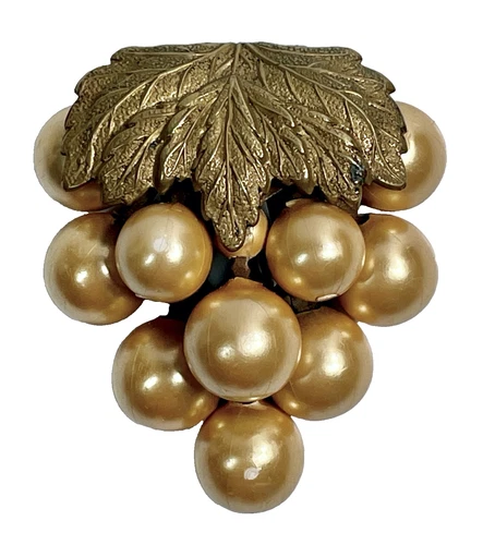 Vintage Golden Faux Pearl Grape Cluster Dress Fur Clip Unsigned Miriam Haskell?