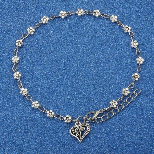 Cavigliera Cuore Argento 2 Strati Cavigliera Perline Turchese Margherita Catena Fiori - Foto 2 di 6
