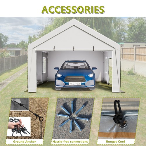 GihulaGo 13'x20' Schwerlast Stahl Carport Auto Plane Überdachung Zelt mit Seitenwand, weiß - Bild 7 von 14