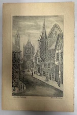 Vintage Antique Rothenburg Street Scene Genuine Steel Etching (A5)