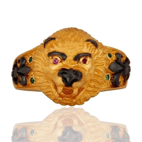 Anillo de plata esterlina enchapado en oro genuino de circonita cúbica cabeza de león para hombre joyería Foto 2 de 3