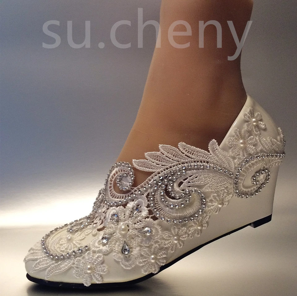 su.cheny White ivory wedge pearls lace crystal Wedding Bridal heels pumps shoes - Image 2 of 4