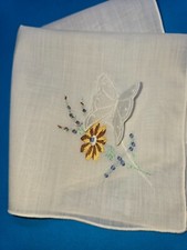 Vintage Cotton Handkerchief Embroidery 3-D Butterfly 9.5" Sweet 