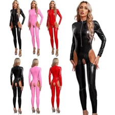Women's Jumpsuit Long Sleeve Leotard Crotchless Catsuit Stand Collar Rompers