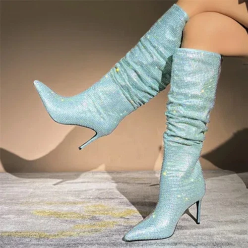 Stivali alti donna ginocchio punta strass tacchi alti scarpe da festa - Foto 6 di 17