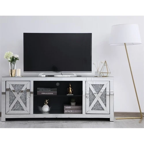 Elegant Decor Modern 2 Door 59" Clear Silver Crystal Mirrored TV Stand - Picture 7 of 11