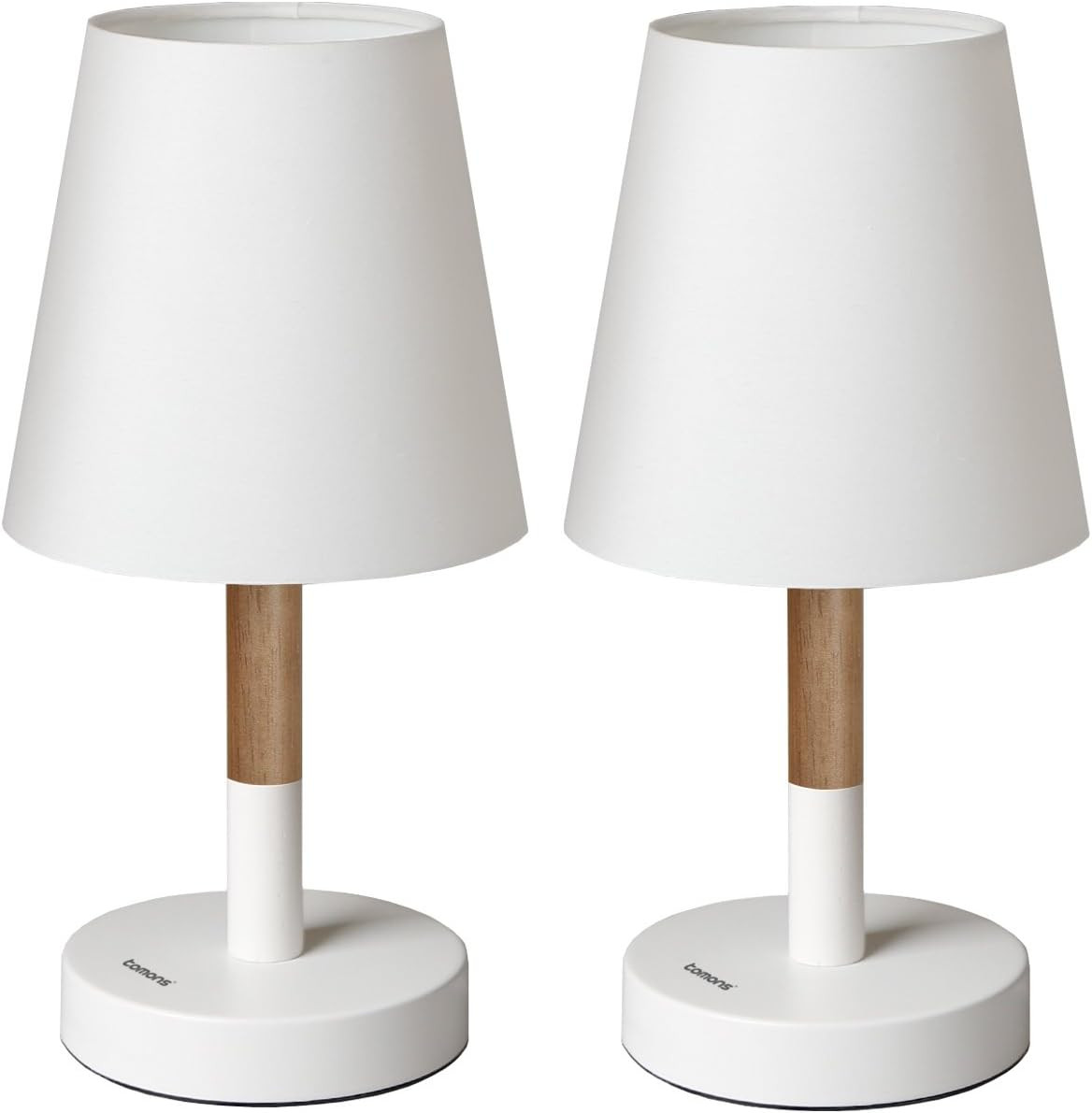 Coppia Lampade da Tavolo E27 Base Legno Massello e Paralume Tela