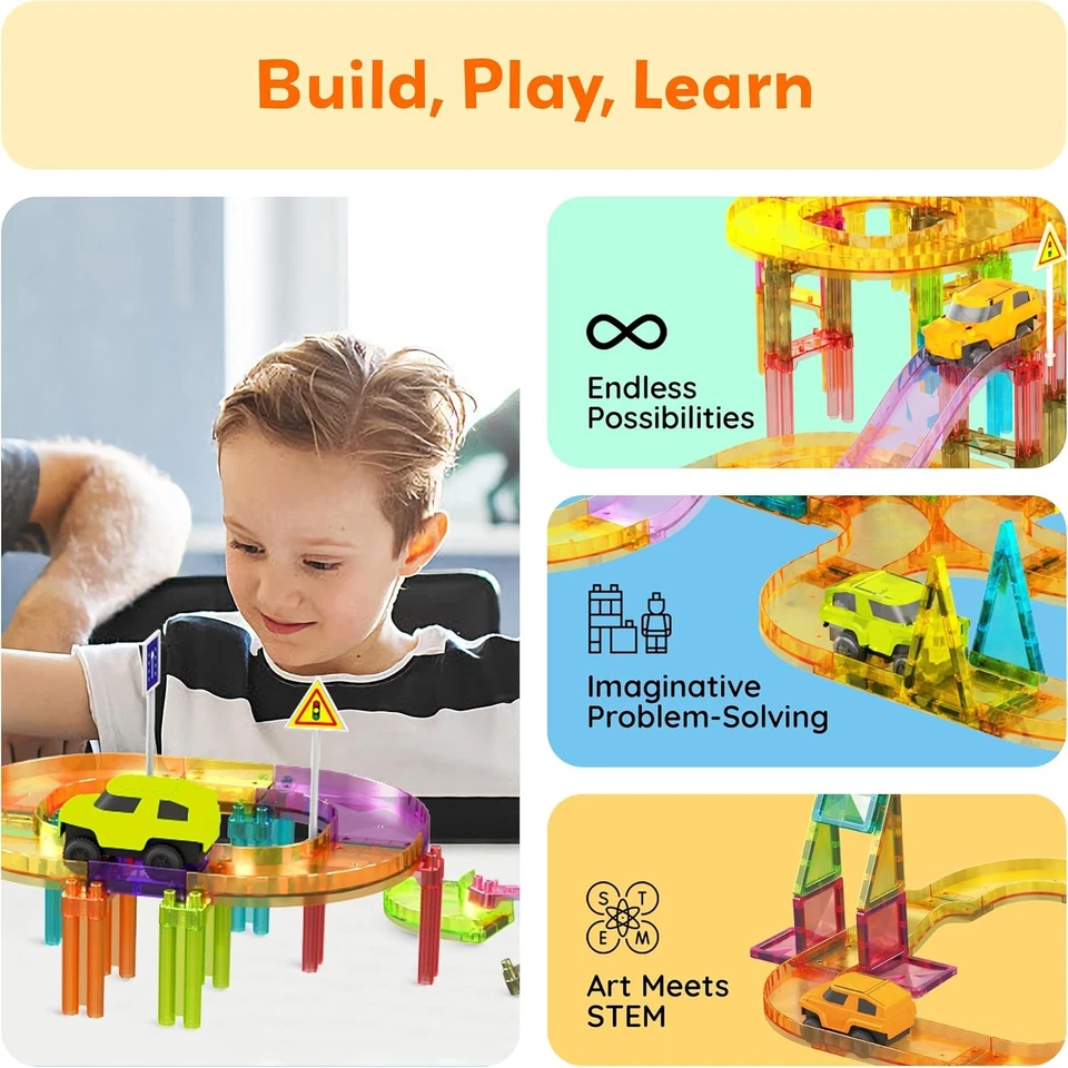 PICASSO-TILES 60PCS Race Track Magnetic Tiles 2 Cars STEM Educational Toy New - Image 4 of 4