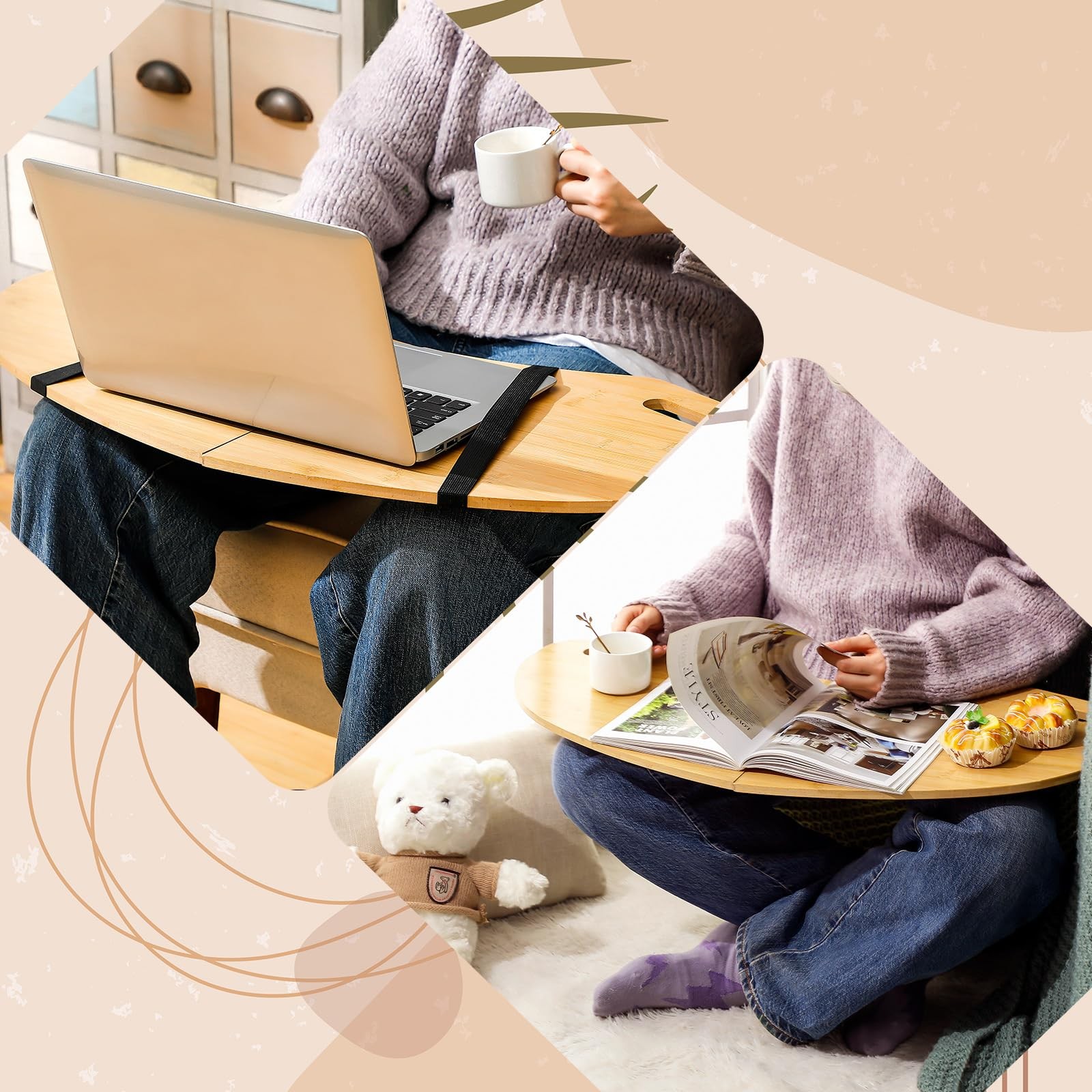 30.5 inch Wood Curved Lap Desk Table Tray with Handles Foldable Laptop Board