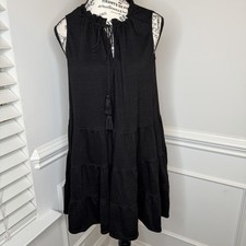 Max Studio Women’s Short Black Dress XS Keyhole Neck Tasseled Ties Tiered Skirt