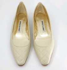 MANOLO BLAHNIK Bone GIUNGLA QUILTED LEATHER BALLET FLATS SHOES 37 1/2 Rt. $725