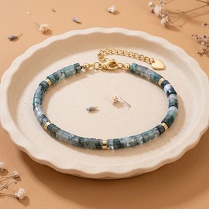 Authentic Natural Moss Agate Heishi Bracelet Adjustable Gold Plated Heart Chakra Boho