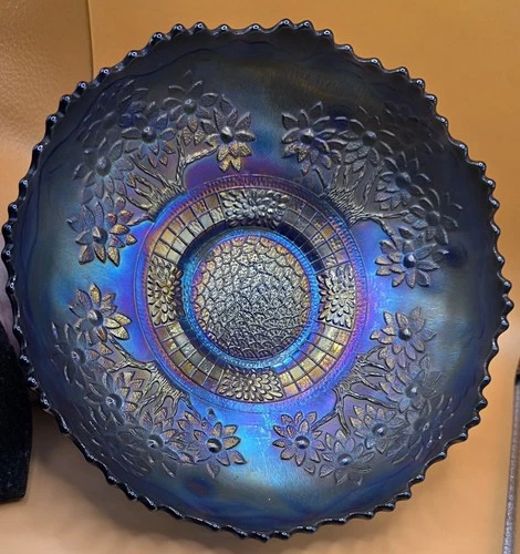 ~ANTIQUE~"FENTON"~COBALT~BLUE~CARNIVAL GLASS~"ORANGE TREE & BEARDED BERRY"~BOWL~